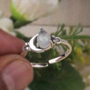 Crescent Moon Ring, Rainbow Moonstone Ring, Sterling Silver Ring, Boho Ring - Picture 1 of 3