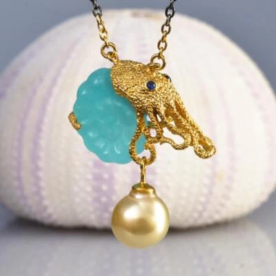 Halskette Nautilus Chalcedon Südseeperle Gold Vermeil Sterlingsilber 15,08g - Bild 1 von 4