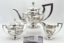 Antique Chinese Export Silver 3 Piece Tea Set with Dragon C.J. Co c1925
