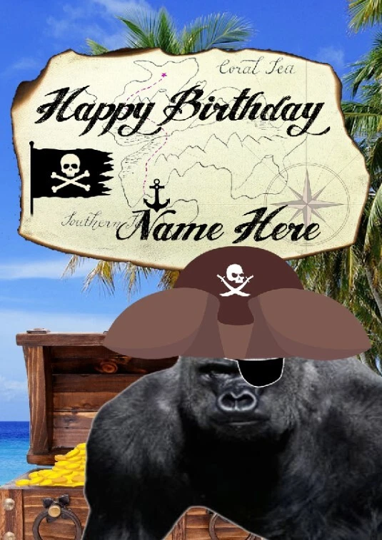 pb&fd80 Gorilla Ape Fun Cute Pirate   All Occasions Personalised Greeting Card - Image 1 of 1