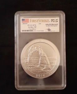 2014-P 25C PCGS SP70 Arches NP 5 oz Silver John M. Mercanti - Picture 1 of 2
