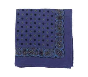 Cesare Attolini Blue, Brown Circle Paisley Motif Pocket Square Handmade In Italy - Picture 1 of 2