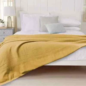 Luxury Waffle Blanket Large Warm 100% Cotton Throw Over Bed - Mustard - Picture 1 of 4