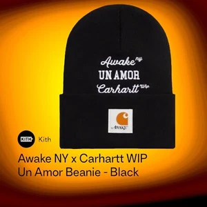 Kith Awake NY x CARHARTT WIP UN AMOR BLACK BEANIE WINTER HAT KNIT WARM CUFFED - Picture 1 of 4