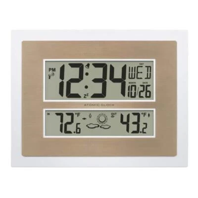 Atomic Digital Clock Temperature Sensor Forecast White/ Champagne Time Alarm - Image 1 of 4