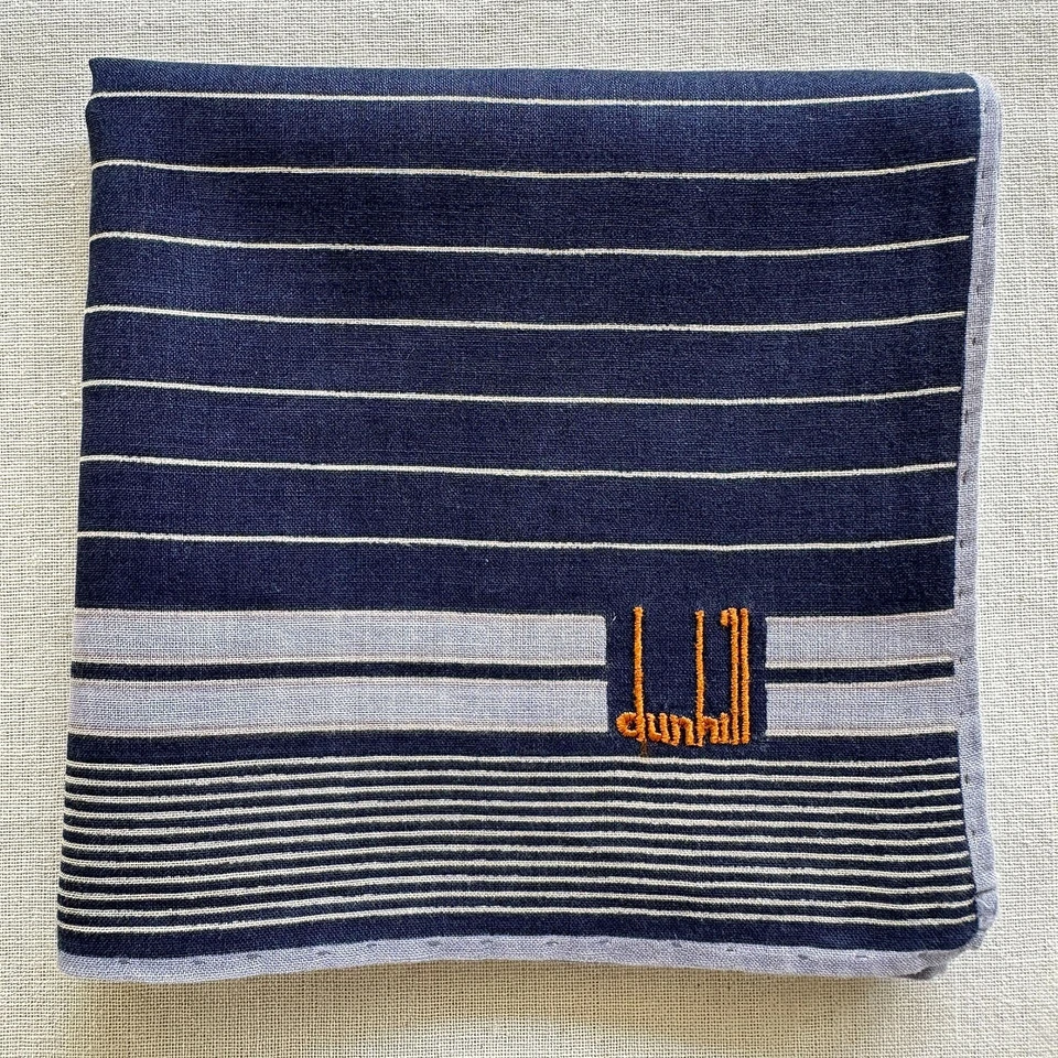 Lenço vintage Dunhill azul marinho listrado horizontal algodão bolso quadrado 18" - Imagem 1 de 3