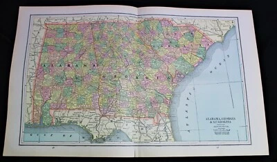 GASKELL'S ATLAS MAP PAGE OF THE SOUTHERN STATES 1888 AL GA SC NC FLORIDA - Image 1 of 3