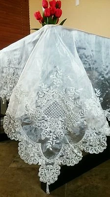 70" Square Handmade Beaded Pearl Embroidered Sheer Tablecloth Napkins Wedding - Image 1 of 4