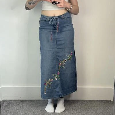 90s Y2K vintage floral embroidery denim maxi skirt thigh split belt light blue - Image 1 of 4