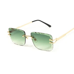 Luxury Gem Cut Dark Green Tint Gold Wire Frame Rimless Rectangle Sunglasses - Picture 1 of 7