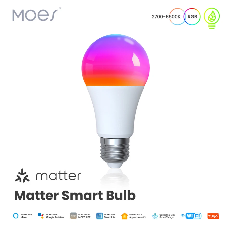 MOES Smart Matter Glühbirne E27 WLAN LED Leuchtmittel RGB Dimmbar Lampe 9W 800LM - Bild 1 von 4