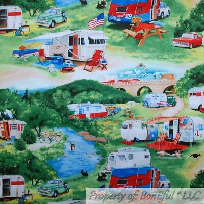 BonEful Fabric Cotton Quilt Rainbow Scenic Tent Camper Dog Bike USA Flag L SCRAP - Image 1 of 4