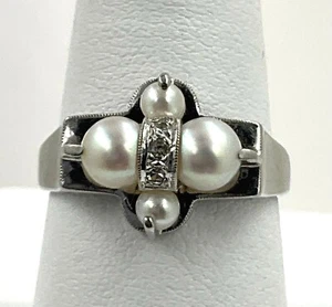 Vintage 10k White Gold Cultured Pearl & Single Cut Diamond Ring Size 7.75 - Picture 1 of 8