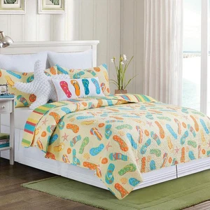 Sunny Splash Flip Flops Quilt Set with 2 Shams - King Size Bed - 3 Piece Set - Picture 1 of 5