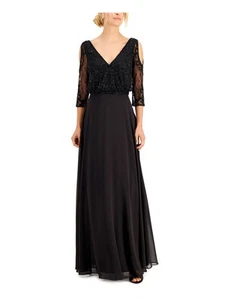 JKARA Womens Zippered Lined 3/4 Sleeve V Neck Full-Length Evening Gown Dress - Picture 1 of 11