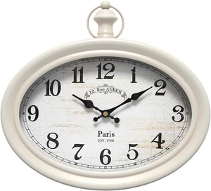 Retro Oval Wall Clock. White Vintage Antique Style. Battery Operated Silent Wall - Picture 1 of 12