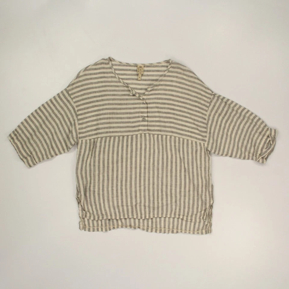 Top Henley Popover 100 % lino para mujer XCVI talla mediana a rayas Lagenlook Boho Foto 1 de 4