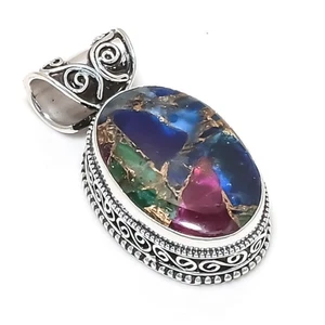 Pendentif bijou multi pierres précieuses cuivre turquoise fait main en argent 925 - Photo 1/6