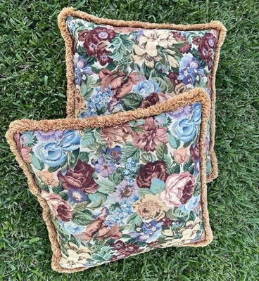 Vintage Fringed Tapestry Floral Throw Pillows Decorative Set of 2 Cottage 18.5” - Image 1 of 4