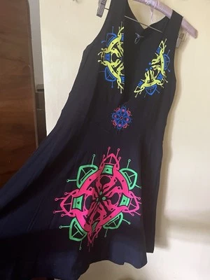 Cyberdog Neon Mandala Black Stretch Plunge Skater Dress Size XL Super Flattering - image 1 of 4