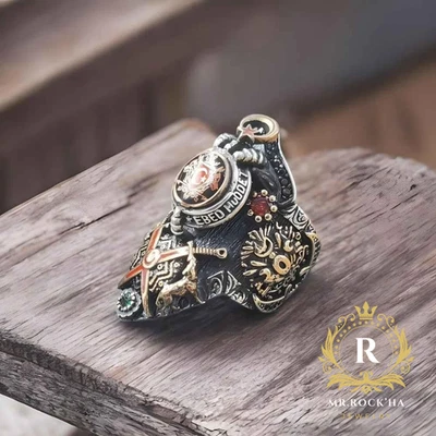 Sello de Otomano, Grabado Arquero, Piedra Circón Rojo, Anillo Pulgar Hombre Plata 925 K Foto 1 de 4