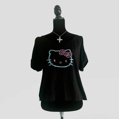 Sanrio Hello Kitty Graphic Tee Black Open Shoulders w/ Half Zipper Back Sz L - Image 1 of 4