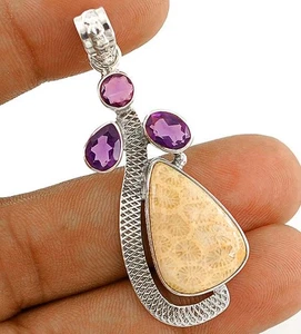 Natürliche Fossil Koralle & Amethyst 925 massiv Sterling Silber Anhänger Schmuck  - Bild 1 von 1