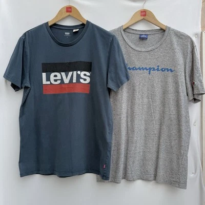 Paquete de 2 camisetas Levis Champion camiseta cuello redondo deletreado azul gris para hombre mediano Foto 1 de 4
