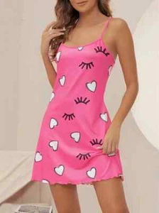 Woman's Sexy Pink with Heart & Eyelash Print Slip Nightdress - Size: US 8-10 (L) - Picture 1 of 3