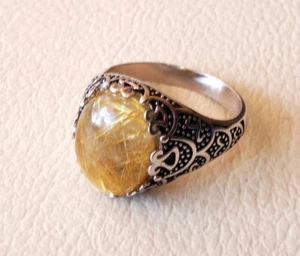 Golden Rutile Ring 925 Silver Mens Gemstone Turkish Handmade Signet Rings MR#297 - Picture 1 of 4