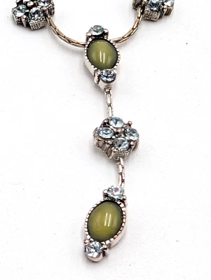 1928 Y-Drop Very Dainty Silver Tone and Green Stone Necklace 15-17” - Image 1 of 4