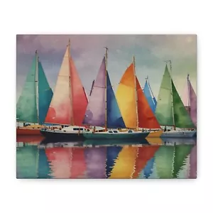Colorful Sailboats Canvas Wall Art – Nautical Watercolor Print Ocean Decor - Picture 1 of 13