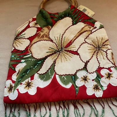 Bolsa/bolsa de mão com estampa tropical com franja frisada e alça circular de madeira de bambu nova - Imagem 1 de 4