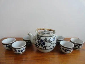 Vintage Otagiri Teeservice Handarbeit Japan Teekanne 6 Tassen blau braun Blumen Sake - Bild 1 von 11