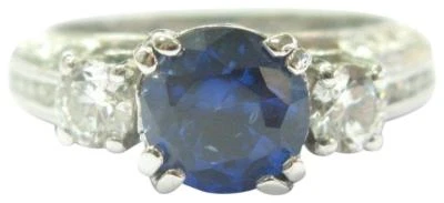 Anillo de tres piedras de platino natural tanzanita y diamantes milgrain 3,70 quilates AAAA/VS Foto 1 de 4