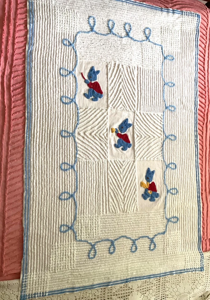 DE COLECCIÓN ALGODÓN CHENILLA BEBÉ CUNA MANTA TIRO 64.5x41.25 AZUL RIBETE BLANCO Foto 1 de 4