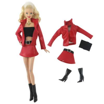 Conjunto de ropa de cuero rojo de moda para muñeca de 11,5" traje abrigo falda botas negras Foto 1 de 3