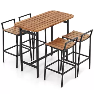 5 PCS Acacia Wood Bar Table Set Outdoor Bar Height Table & Chairs w/ Metal Frame - Picture 1 of 10