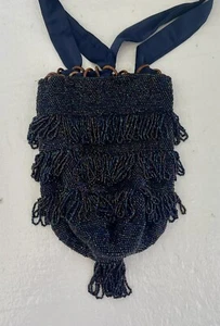 Antique Vintage Flapper Bag BEADED Drawstring Bag Tassel 1920s Art Deco - Picture 1 of 4