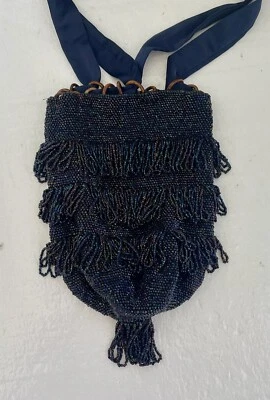 Antique Vintage Flapper Bag BEADED Drawstring Bag Tassel 1920s Art Deco - Image 1 of 4