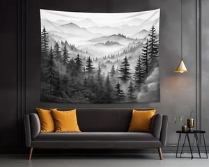 Misty Forest Tapestry Nature Mountain Tapestry Wall Hanging Watercolor Landscape - Picture 1 of 7
