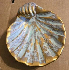 Stangl Pottery 4037 Clam Shell Dish Bowl Aqua & Gold Beach House Decor - Picture 1 of 3