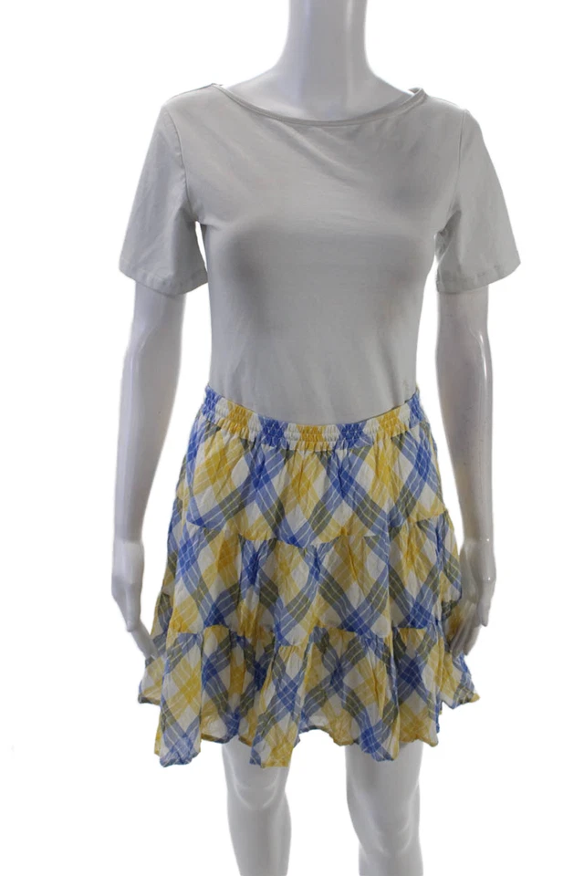 Michael Michael Kors Womens Plaid A Line Skirt White Blue Yellow Cotton Small - Image 1 of 4