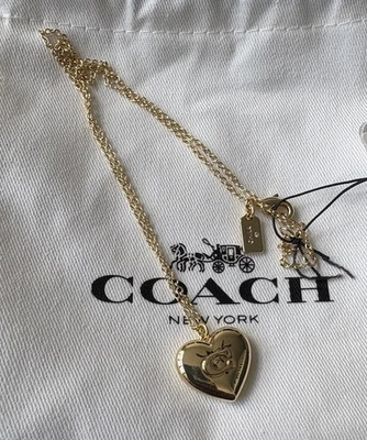 Colar pingente curto coração inchado brincalhão assinatura COACH ouro brilhante novo - Imagem 1 de 4
