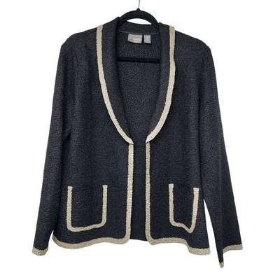 Travelers by Chico's Gray Black Cream Cardigan Lightweight Jacket Crinkle Fabric - Image 1 of 4