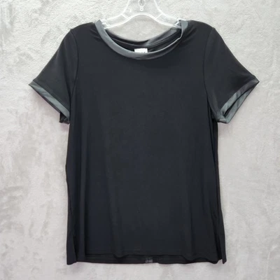 Anne Klein Blouse Womens Medium Petite PM Black Knit Button Back Short Sleeve - Image 1 of 4