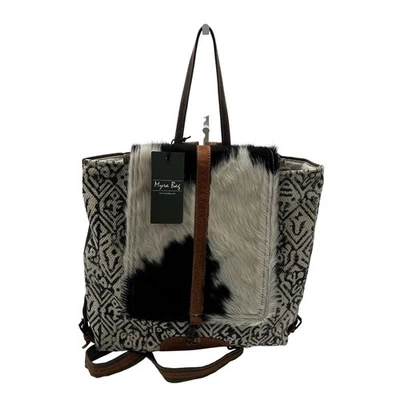 Myra Bag Cowhide Backpack Tote Women Black/White Leather Canvas Boho Rustic - Image 1 of 4