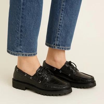 J.Crew SZ 8.5 Winola Lug Sole Boat Shoes In Croc Embossed Leather Runs Small - Image 1 of 4