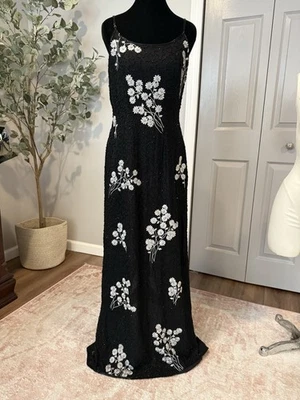 Papell Boutique Womens Black Floral Silk Sleeveless Scoop Neck Maxi Dress Sz 10 - Image 1 of 4