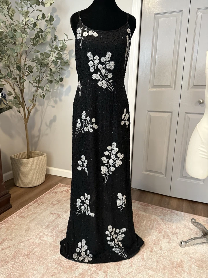 Papell Boutique Womens Black Floral Silk Sleeveless Scoop Neck Maxi Dress Sz 10 - Image 1 of 4